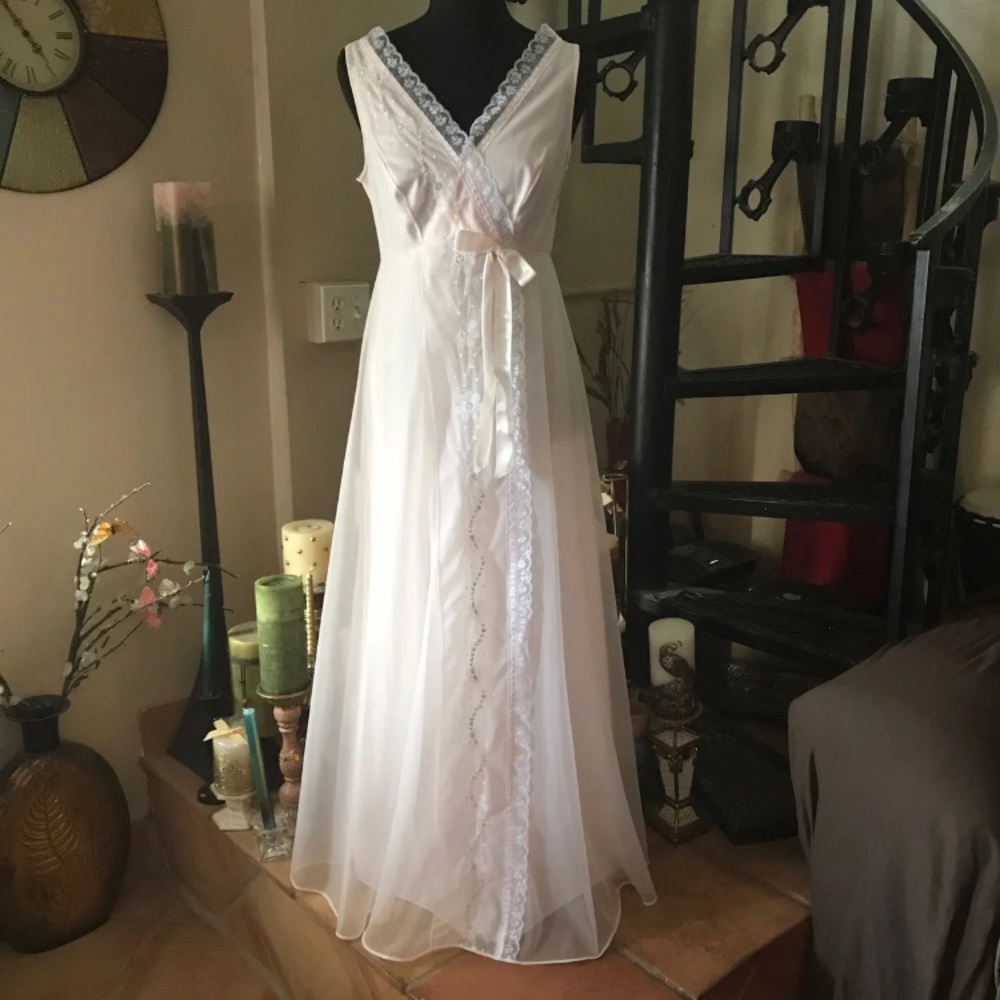 🎉RARE🎉Shadowline Chiffon Vintage Pink Long Maxi Nightgown Slip Dress Lingerie